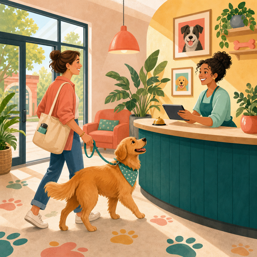 A person walks their dog into DogDesk and checks in with a smiling human receptionist at the front counter